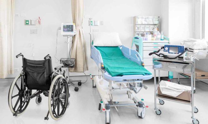 Hospital equipment including wheelechair, bed and trolley carrying machinery